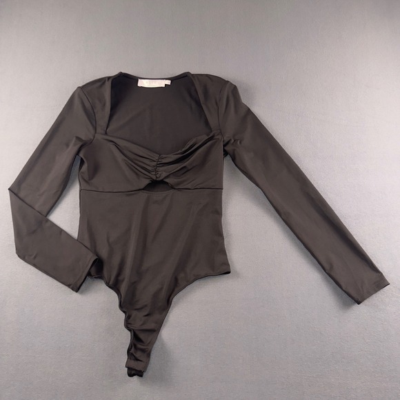 ASTR The Label Tops - ASTR The Label Black Long Sleeve Ruched Cutout Bodysuit AT17004 Womens Medium